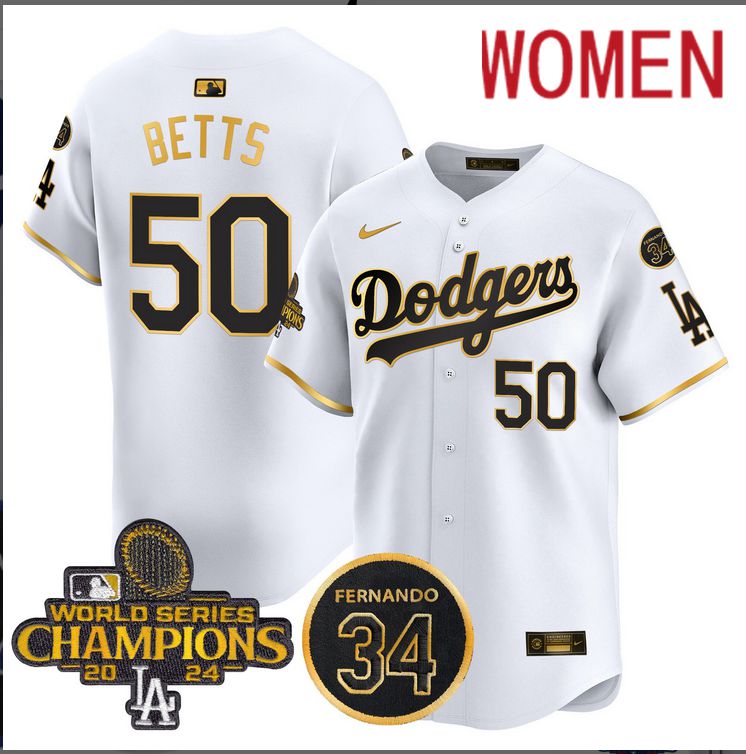 Women MLB Los Angeles Dodgers  #50 Betts white 2024 World Series Champions Patch Limited Jersey style 3